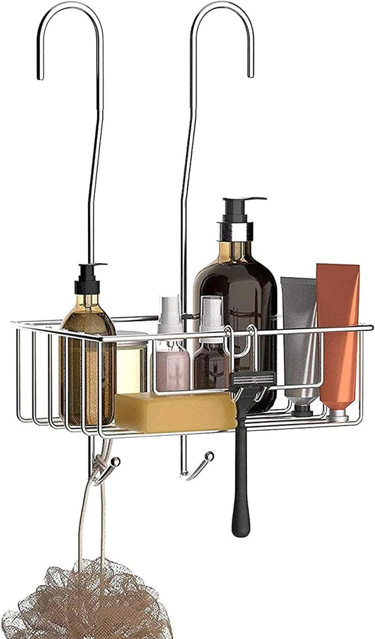 Bamodi Shower Caddy Hanging Stainless Steel | Rustproof Hanging Basket with Hooks-Shower Shelf Bathroom Accessory with Silicone Sleeves and Rubber Rings for Noise Cancelling (15.7x 9.8x 5 Inches)