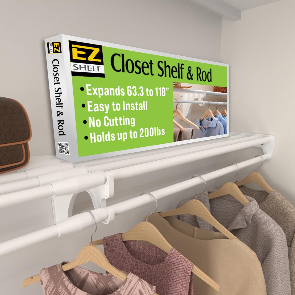 EZ SHELF - Hanging Shelf - Closet Rod - Expands 63.3-118” - White, Closet Shelves - Strong, Holds 200 lbs - DIY, Easy Install - to 2 Side Walls - Alternative to Wire Shelving