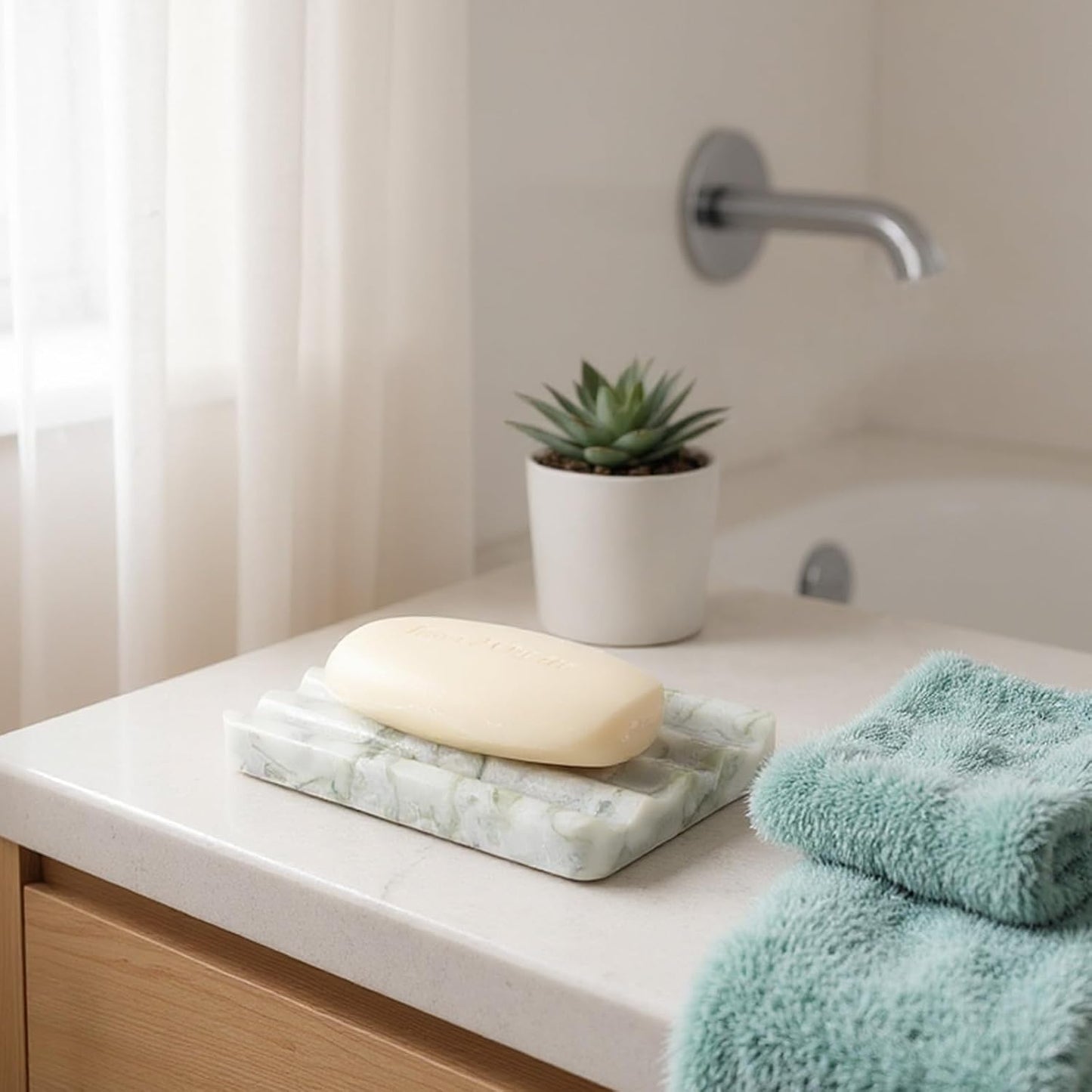 Marble Soap Dish, Large Stone Bar Soap Holder Shower, Green Bathroom Soaps Saver, Easy Cleaning Natural Stone Sponge Holder for Kitchen Sink, Executive Jewelry Ring Tray