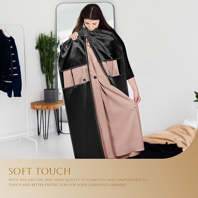 Univivi Super Soft Satin Garment Bags for Hanging Clothes, 60 Inch Zippered Dress Cover with Gussets, Breathable & Non-smell for Dresses, Coats, Jackets, Shirts, 2 Pack - Black
