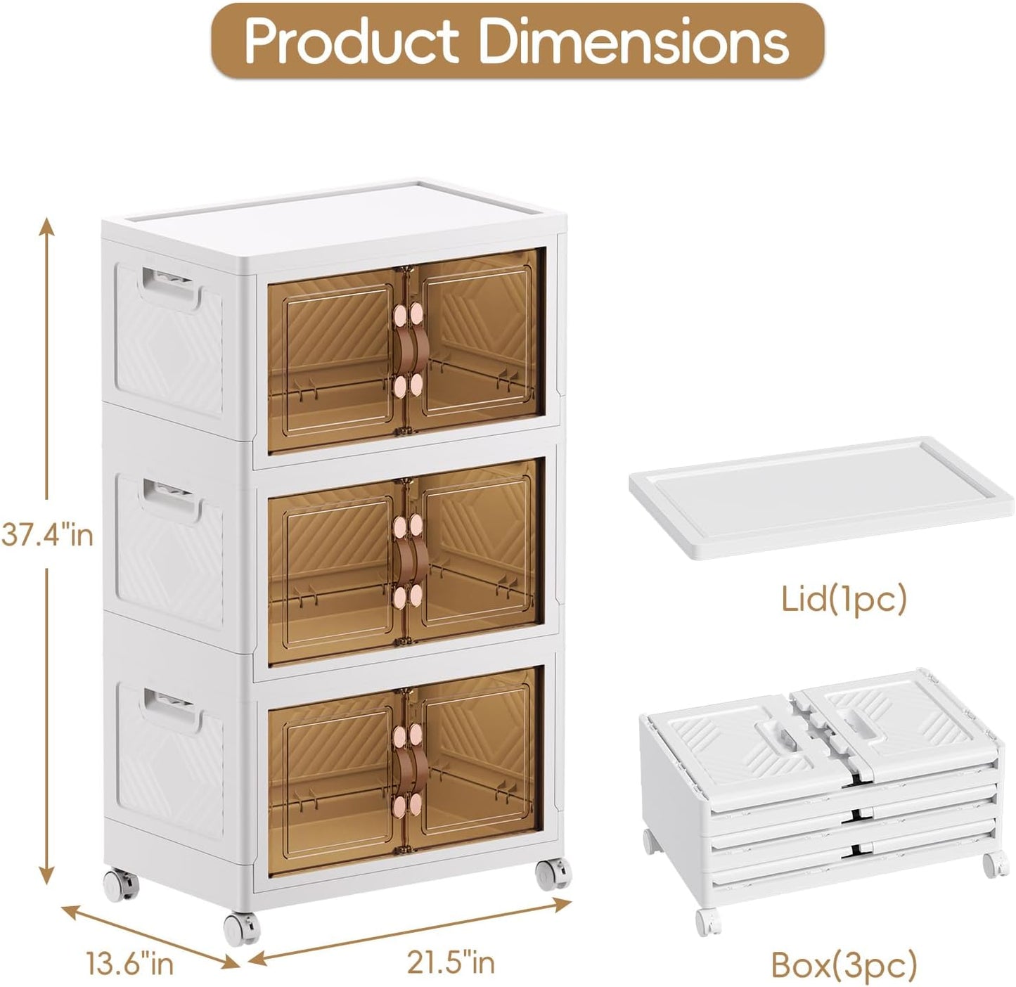 JEKO&JEKO 189Qt Stackable Storage Bins with Lids and Wheels, Foldable Collapsible Plastic Boxes for Clothes, Home, White, 3 Pack