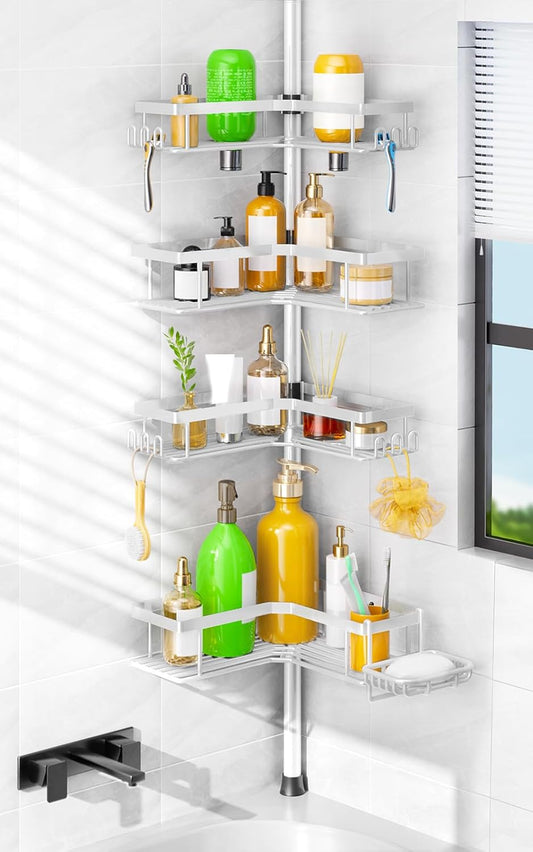 HAMITOR Corner Shower Caddy White: 4-Tier Rustproof Bathroom Bathtub Organizer Shelf with Soap Holder & Hooks - No-Drill Adjustable Standing Tension Pole Rack for Apartment Renters - 47-123 Inch