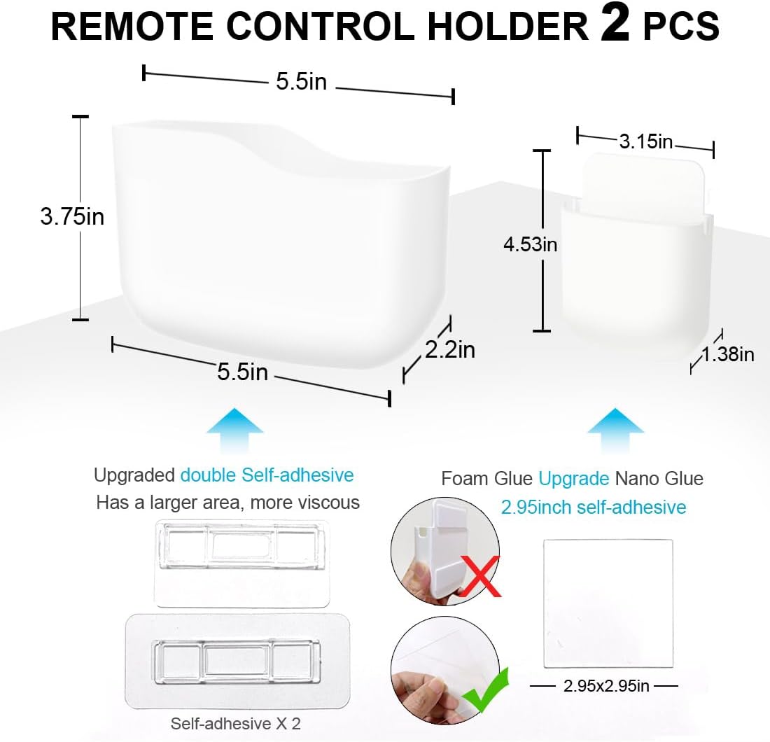 Remote Control Holder Wall Mount Set, Office Supplies Supply Organizer, Bedside Audio-Video Remote Control Shelving, with Self Adhesive Caddy Storage Box, White Wall Phone Stand Mail Sorters