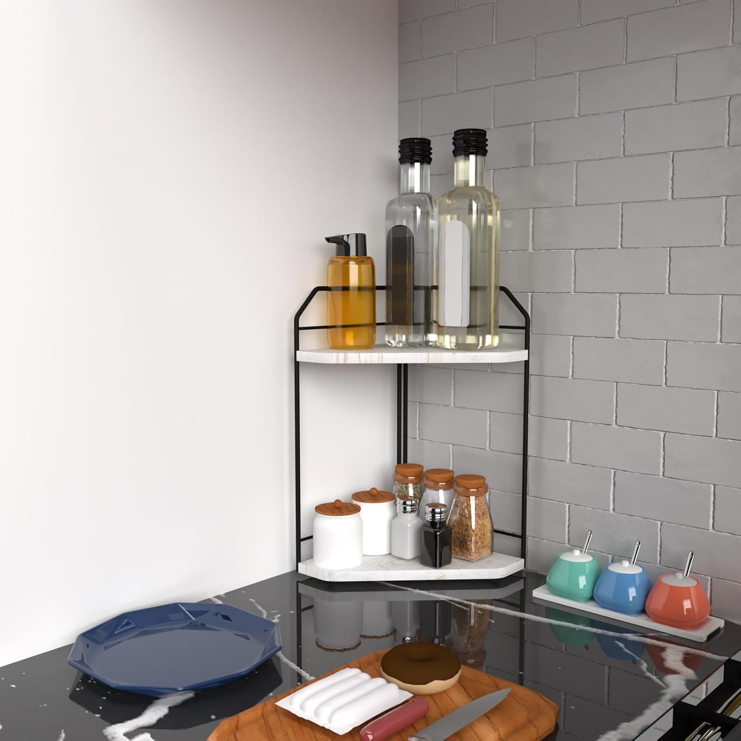 Corner Bathroom Counter Organizer - 2 Tier Wood Vanity Counter Shelf Perfume Skincare Holder, Countertop Corner Shelf Organizer for Bathroom, Kitchen, Rustic White