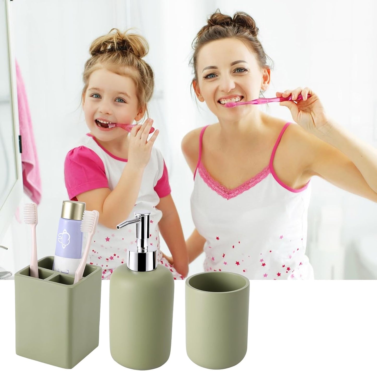 Resin 6 Pcs Green Bathroom Set Complete with Toothbrush Holder, Lotion Soap Dispenser, 2 Qtip Holder Dispensers,Vanity Tray,Bathroom Tumbler - Countertop Vanity Organizer - Bathroom Accessories