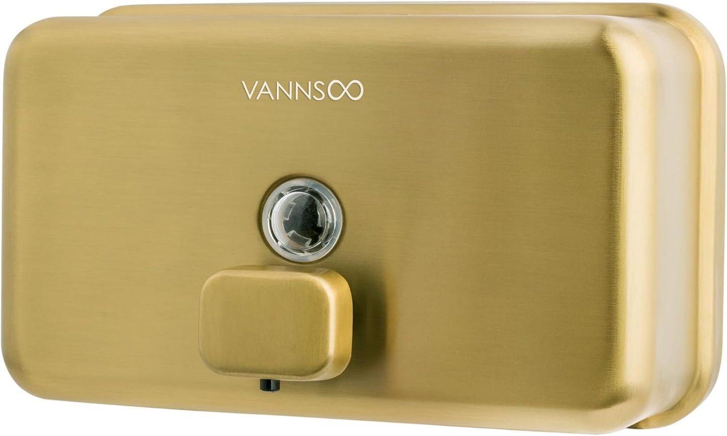 Wall Mounted Hand Soap Dispenser Bathroom, 1200ml 40oz Commercial Stainless Steel Liquid Soap Dispenser Wall Mount (Horizontal Gold)