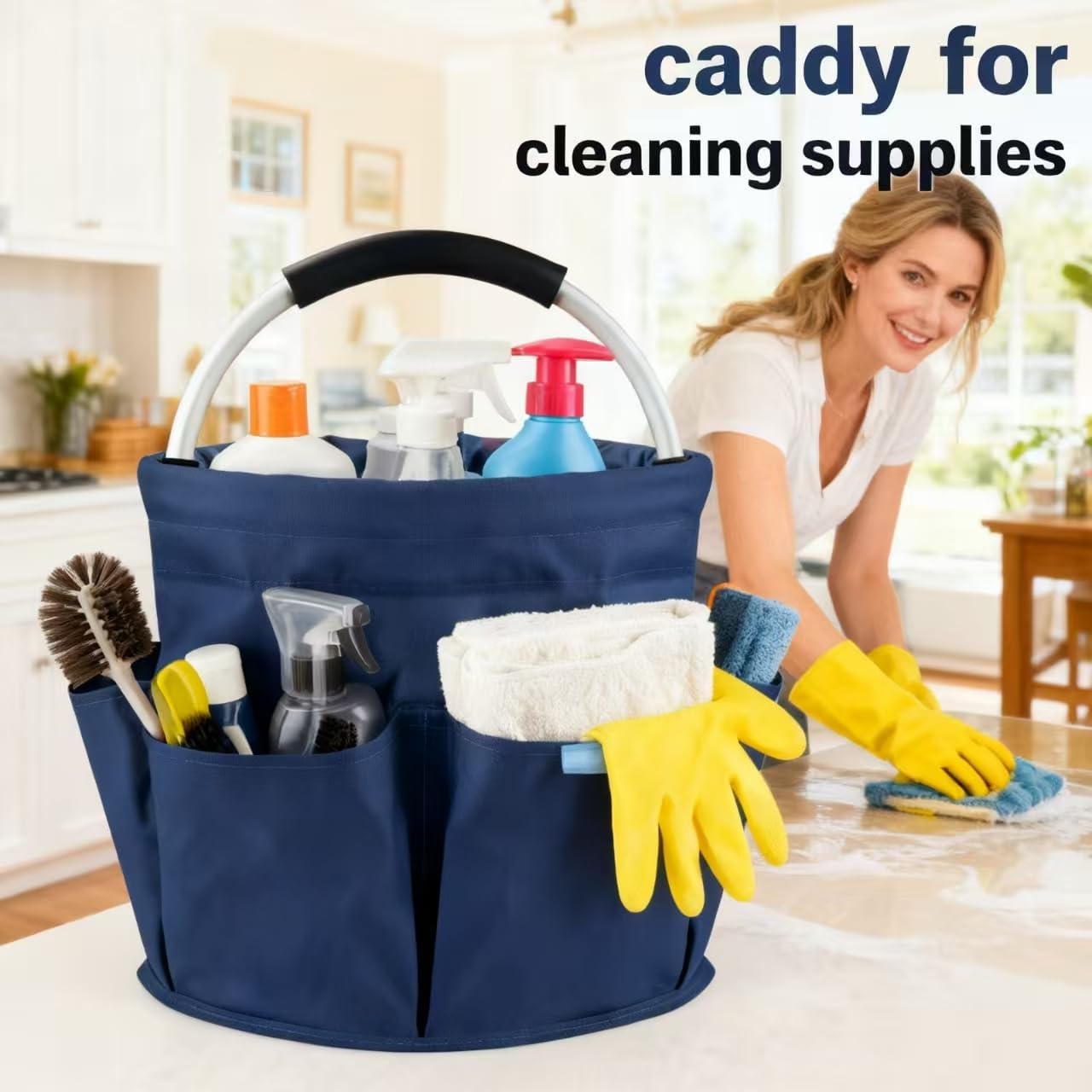 17L Cleaning Caddy With Handle, Foldable Storage Cleaning Product Organizer, Cleaning Caddy Organiser, Outdoor Camping，Portable Multifunctional Cleaning Bucket tool Bag Organizer (navy blue)