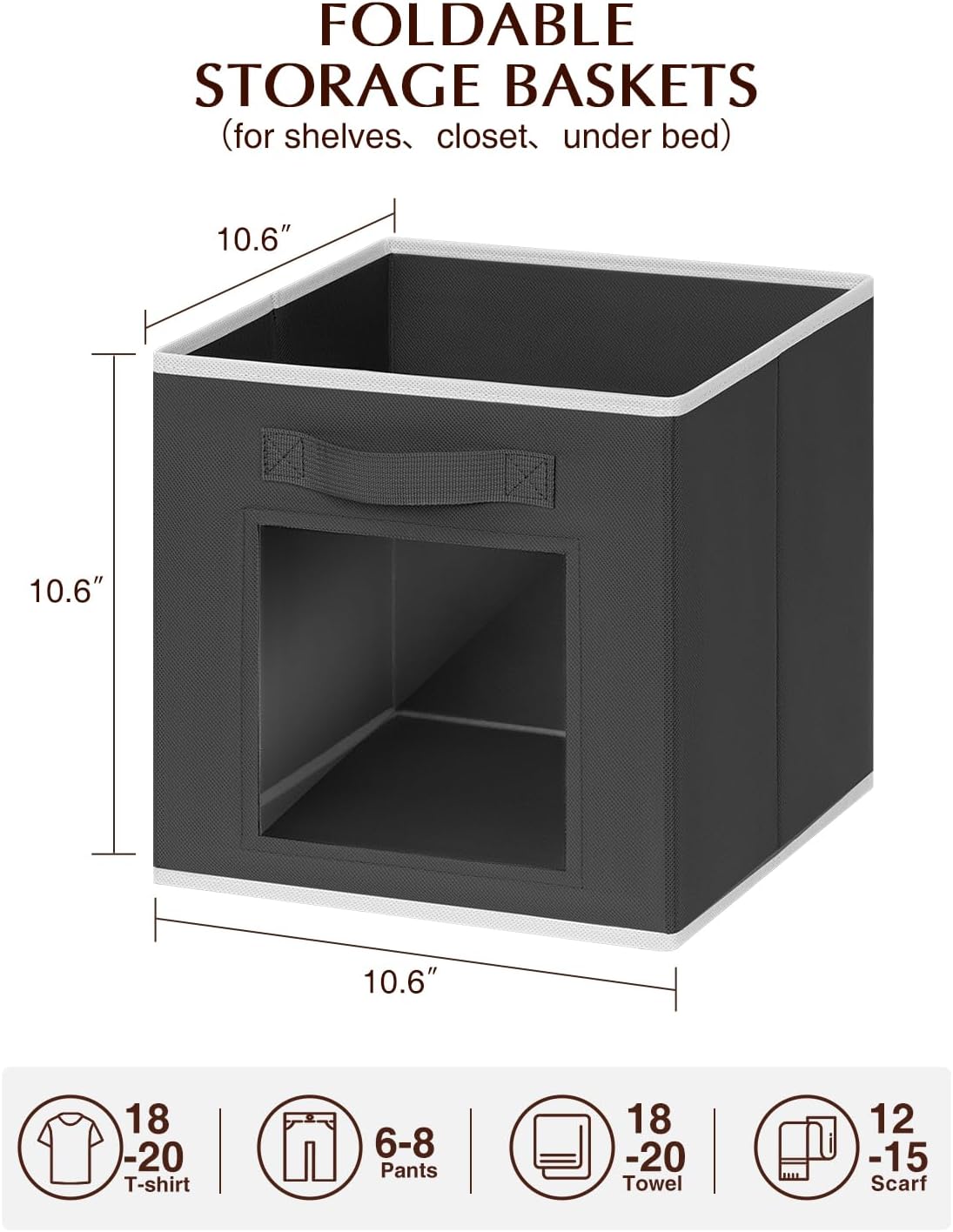 Foldable Storage Cubes - Cubby Storage Organizer with Window, Decorative Baskets for Organizing, 11 Inch Fabric Cube Shelf Bins, Set of 10, Black