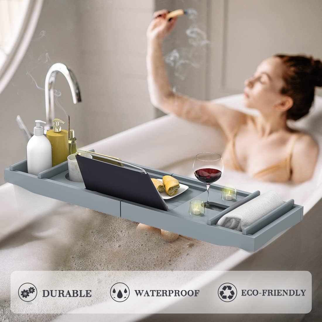 Bath Caddy Tray for Bathtub - Bamboo Adjustable Organizer Tray for Bathroom with Soap Dish Suitable for Luxury Spa or Reading(Bluish Grey)