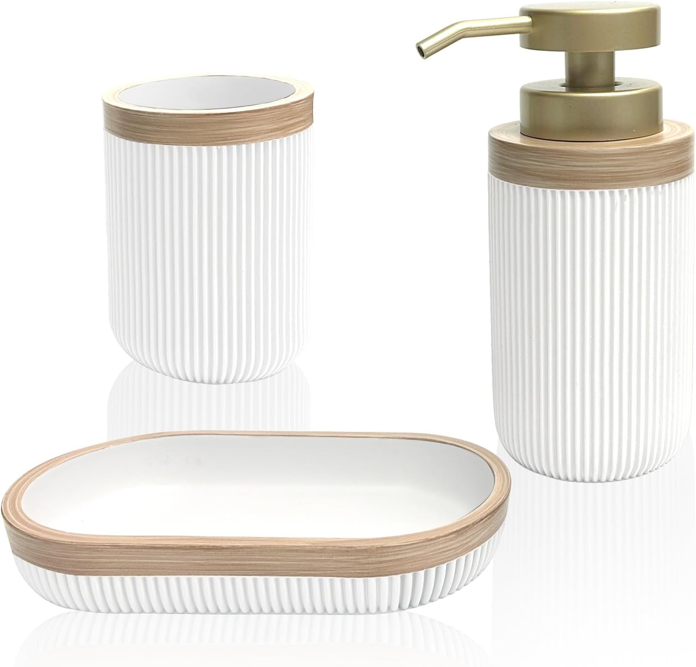 3-Piece Bath Accessories Set with Vanity Tray, Lotion Soap Pump, Bathroom Tumbler, Countertop Organizer, White