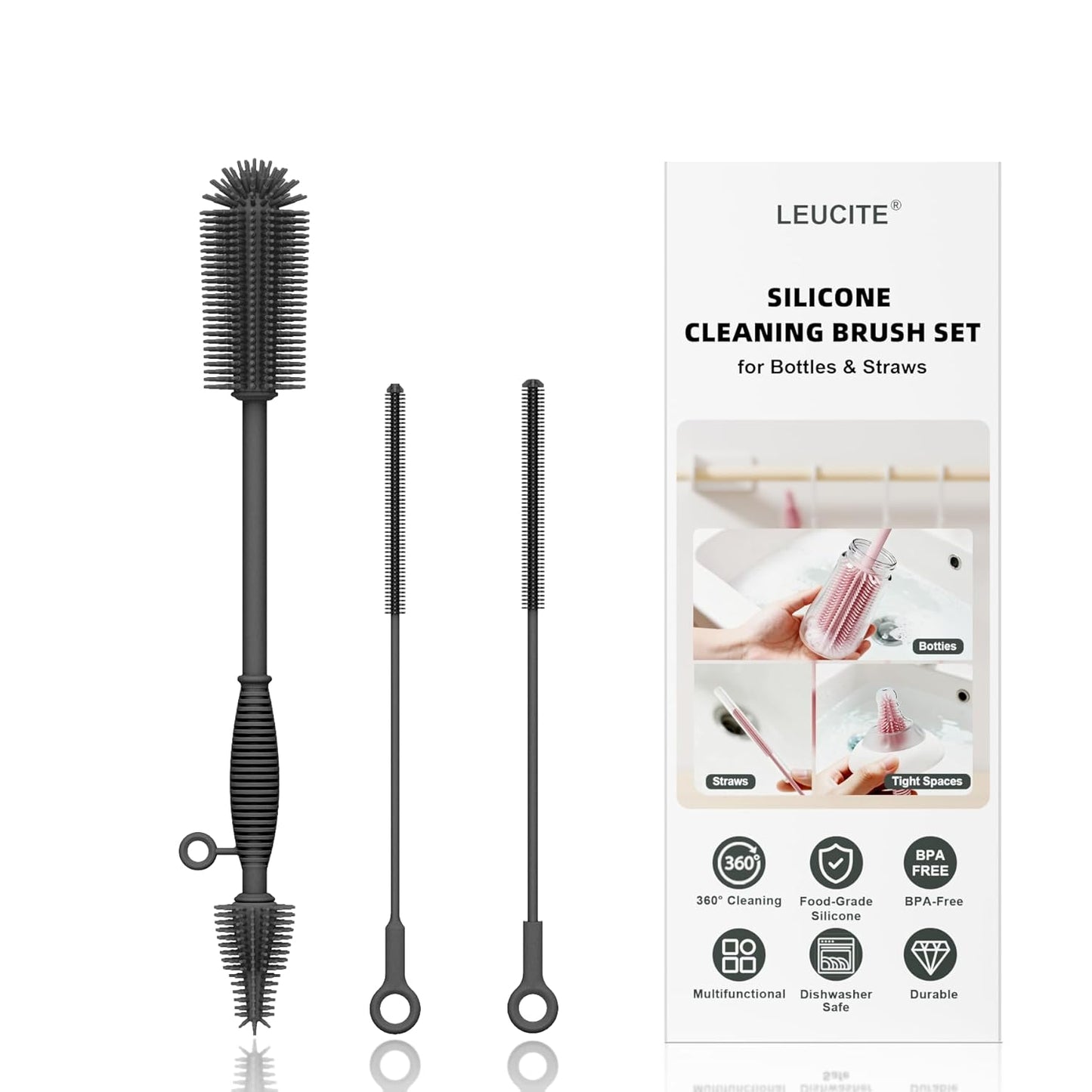 Silicone Cleaning Brush Kit,Water Bottle and Straw Cleaner Brush Set for Tumbler,Baby Bottle,Breast Pump Part,Nipple,Sippy Cup,Glass,Dishwasher Safe,BPA Free,3 Pcs