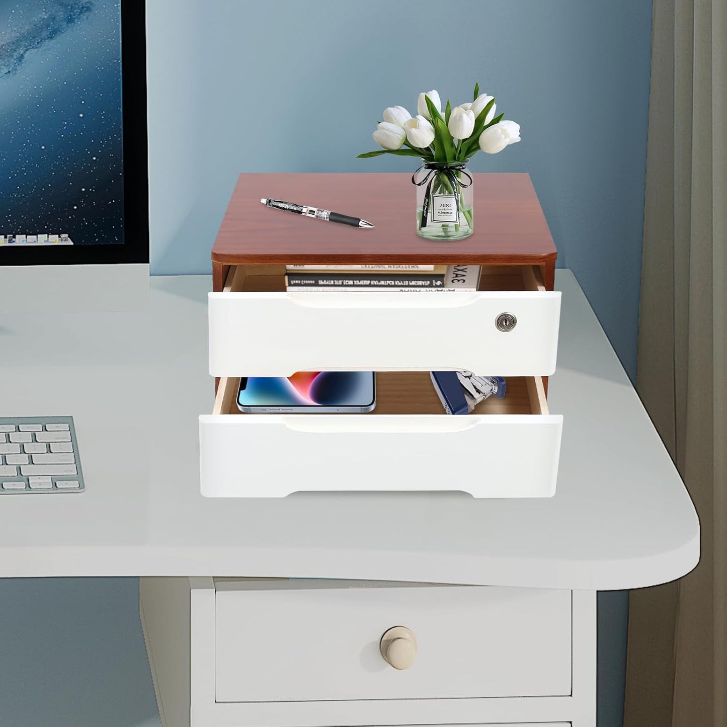 2-Tier Wooden Desktop Storage Box Desk Organizer with 2 Drawers and Lock Countertop Drawers Organizer for Office Supplies File Paper Cosmetic Jewelry, 15.4x11.8x8.5 in (Dark Brown and White)