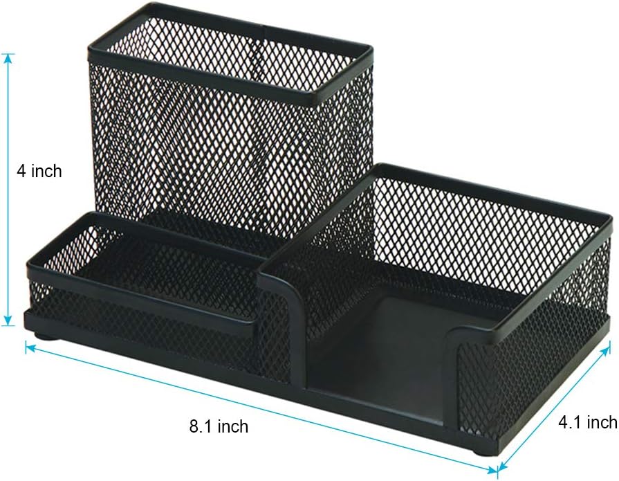 2-Piece Desk Pen & Pencil Organizer - Mesh Metal Pen Cup with Sticky Notes Holder, Black