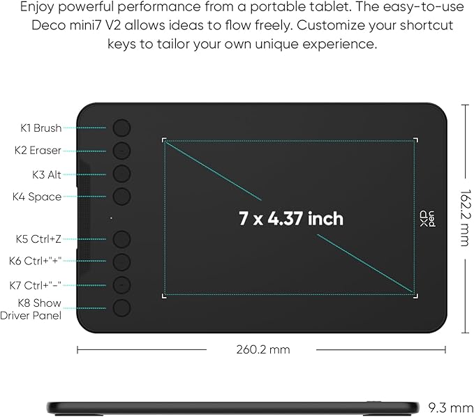 XPPen Updated Deco Mini7 V2 Drawing Tablet-16384 Levels of Pressure Battery-Free Stylus, 7 x 4 OSU Drawing Pad, 8 Hotkeys for Digital Art, Teaching, Gaming Graphic Tablet for Chrome, PC, Mac, Android