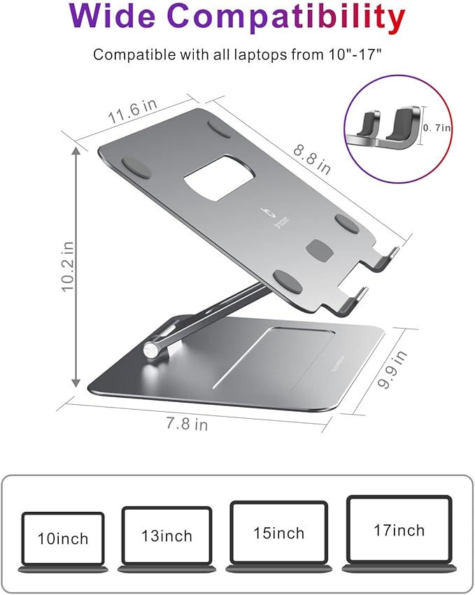 Adjustable MacBook Laptop Stand for Desk | Ergonomic Aluminum Laptop Riser with Heat-Vent, Compatible for 10-17" Laptops, Space Grey