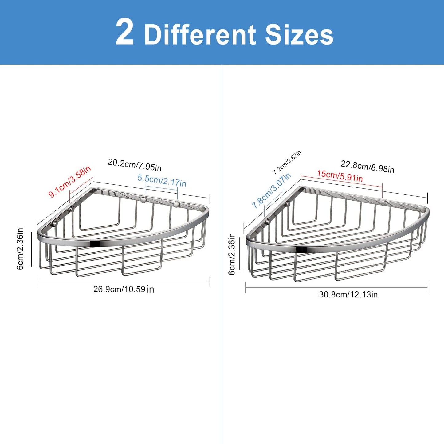 Corner Shower Caddy Organizer, SUS304 Stainless Steel Heavy Duty Rust-Proof Shelf Shampoo Holder, Wall Mounted Storage Rack for Bathroom Kitchen, 2 Packs Polished Chrome