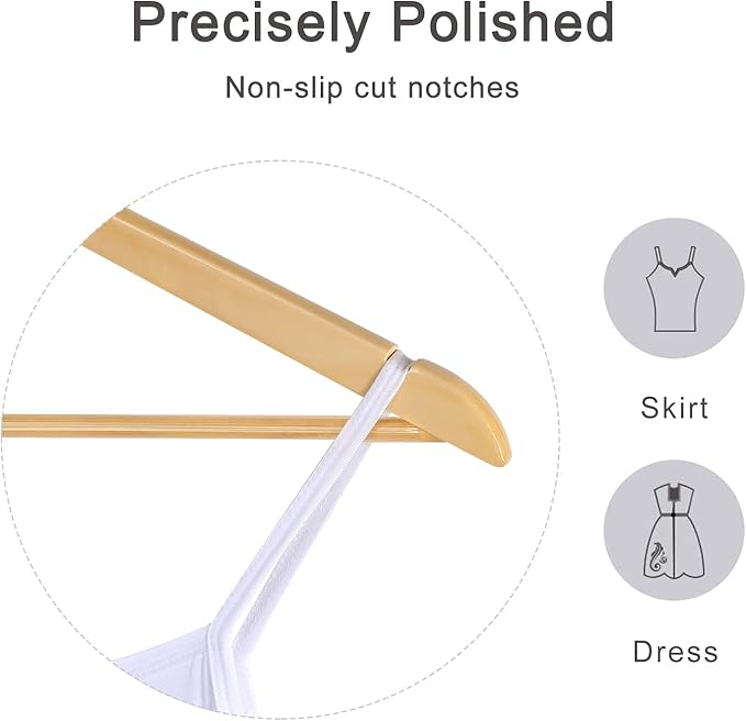 TOPIA HANGER Wooden Hangers 30 Pack, Natural Wood Clothes Hangers, Durable Coat Hanger with 360-Degree Rotatable Hook, Non-Slip Pants Bar and Shoulder Notches for Camisole Tops-CT34N30