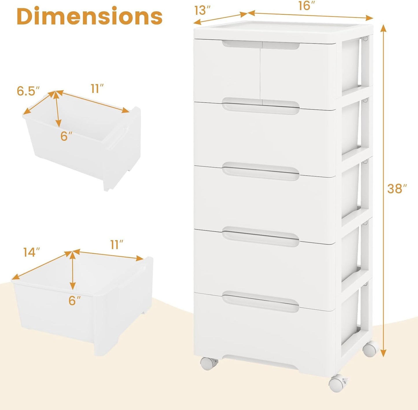 LOKO 6-Drawer Plastic Rolling Storage Cart, Mobile Storage Cabinet with 4 Universal Wheels, Vertical Storage Tower Container Unit for Living Room, Bedroom, Home Office, White (16”x13”x38” (6 Drawers))