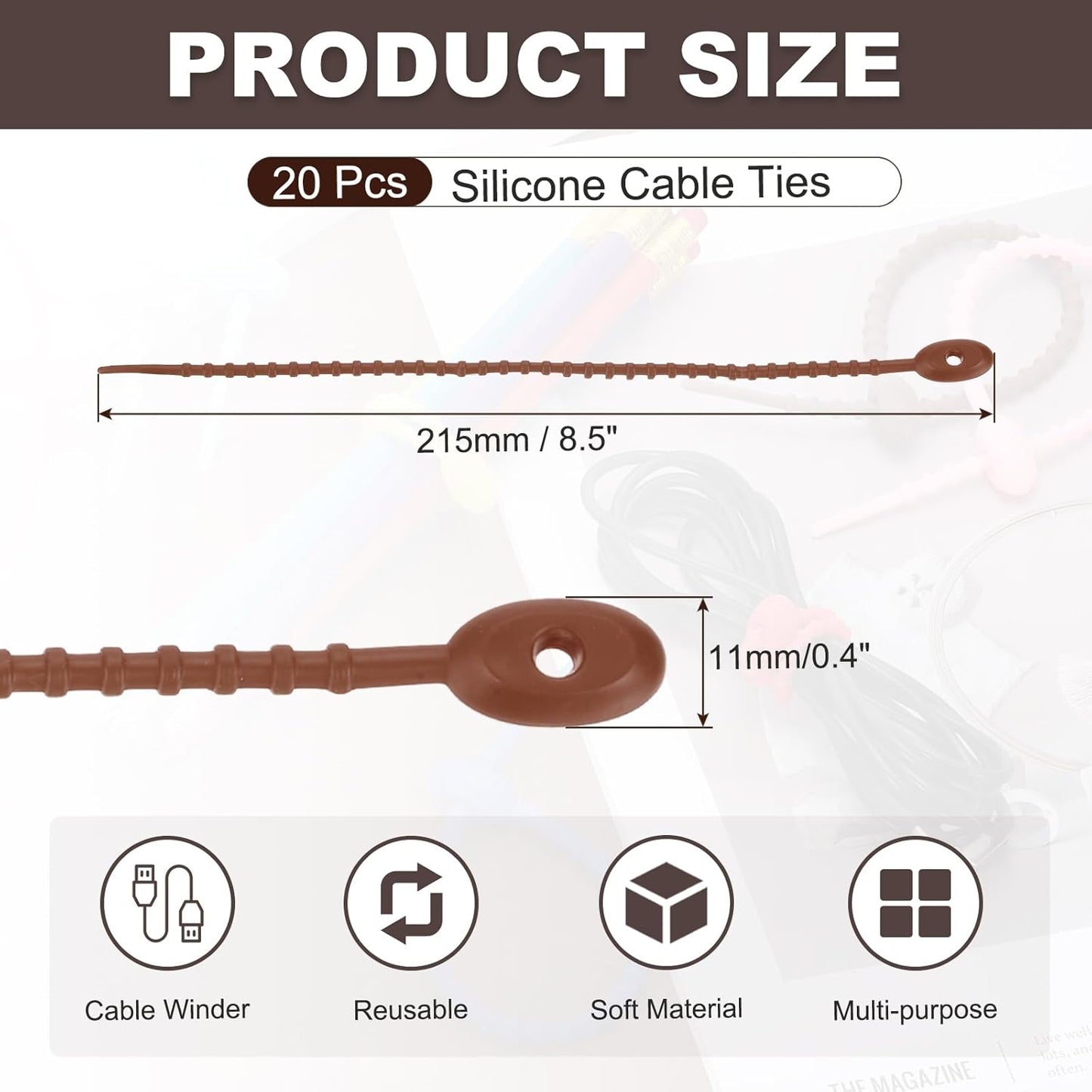 uxcell 20 Pcs Silicone Ties Bag Clip, 8.5 Inch Multi Purpose Silicone Zip Ties Reusable Rubber Zip Tie, Cable Strap Cord Organizer for Home Office Food Bag Wires Cables, Brown