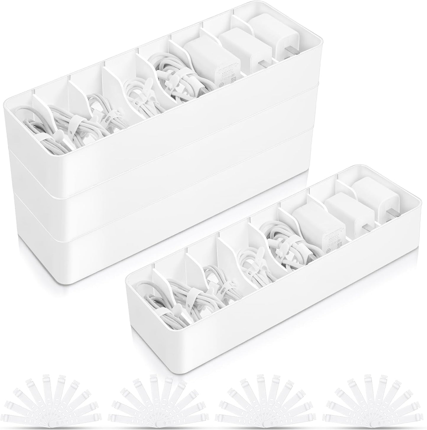 Tatuo 4 Pcs Cable Organizer with 40 Wire Ties, Plastic Cord Storage Charger Box Electronics Organizer with Adjustment Compartments Cable Storage for Drawer Home Office Desk Accessories (White)