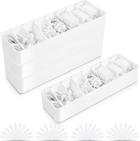 Tatuo 4 Pcs Cable Organizer with 40 Wire Ties, Plastic Cord Storage Charger Box Electronics Organizer with Adjustment Compartments Cable Storage for Drawer Home Office Desk Accessories (White)