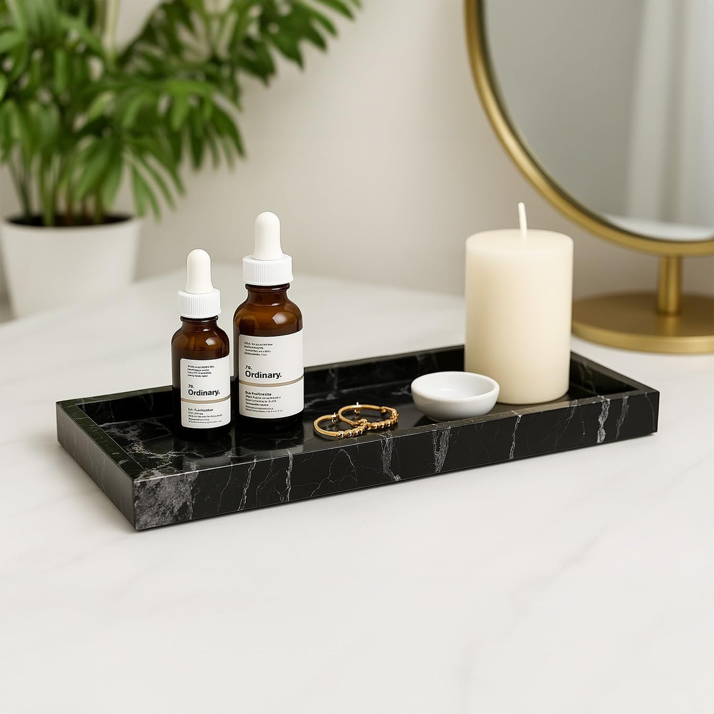 Bey-Berk Atticus Black Zebra Marble Vanity Tray – Handcrafted Stone Organizer for Bathroom Countertop Accessories