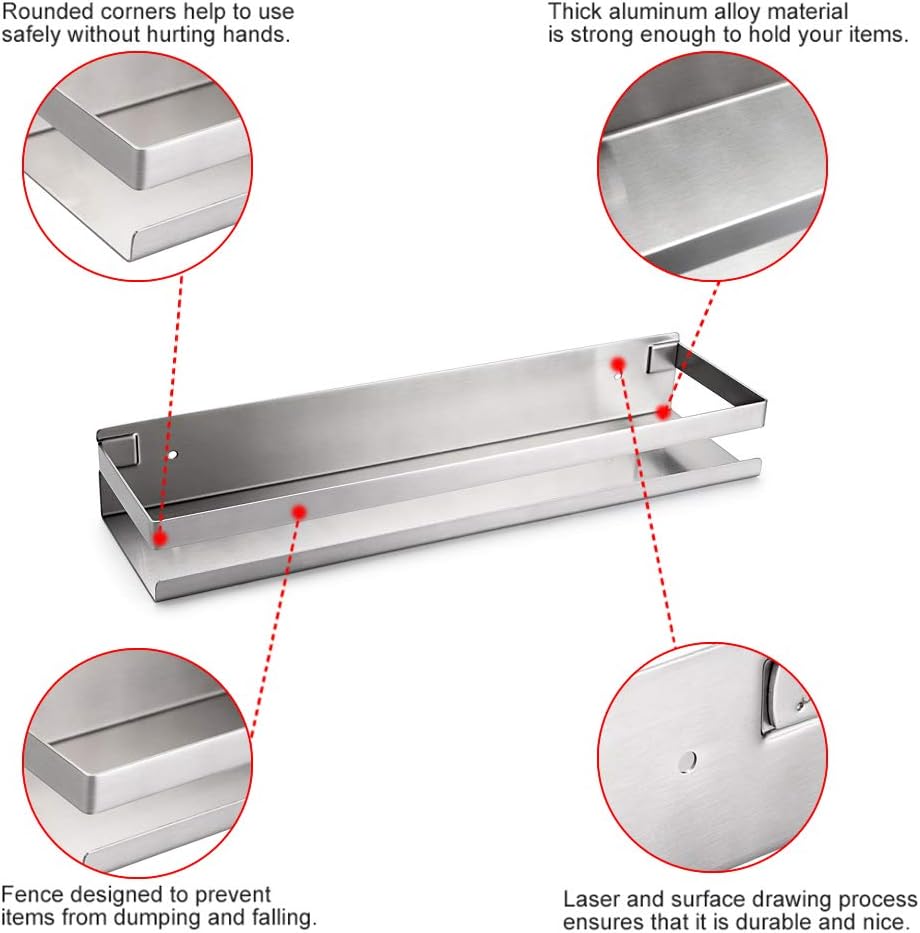 OwnMy Bathroom Shower Shelf Stainless Steel Bath Kitchen Basket Shower Caddy Rack, Rustproof Metal Bathroom Storage Floating Shelves Wall Mounted Shower Corner Rectangular Shelf - 16 Inch Silver