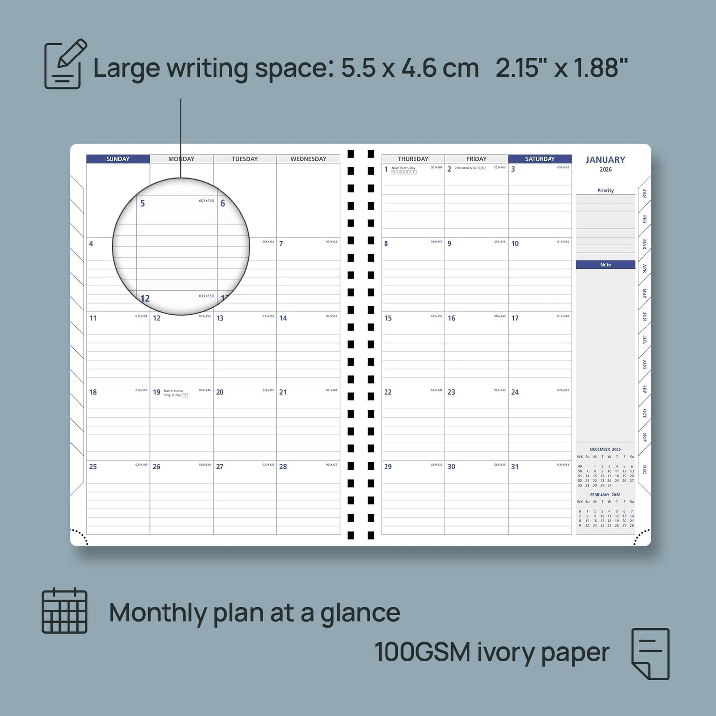 POPRUN 2026 Weekly Planner (A4-8.25'' x 11.75''), Quarter-Hourly Appointment Book (Jan. 2026 to Dec. 2026) with Monthly Tabs, Spiral Softcover, 2 Inner Pockets, Pen Holder - Indigo Blue