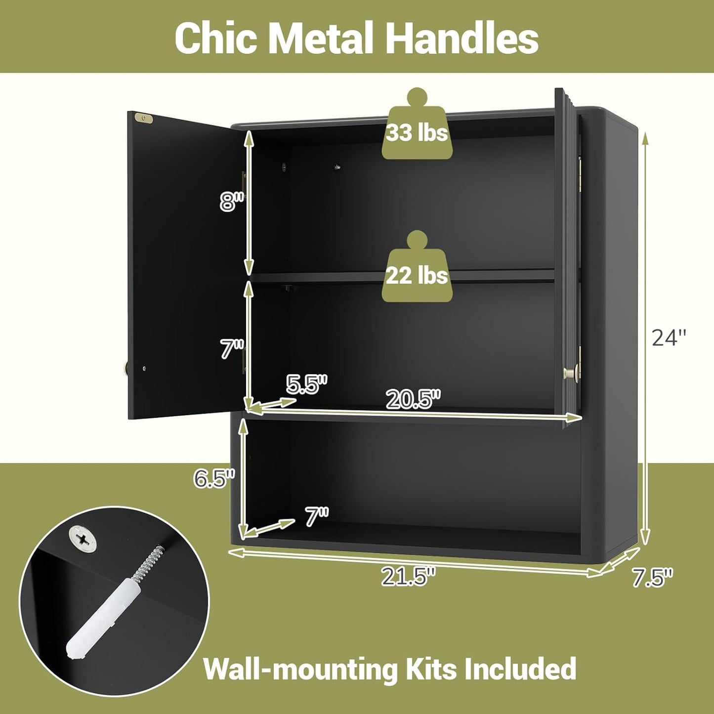 Giantex Wall Mounted Bathroom Cabinet, Fluted Modern Medicine Cabinet with Doors, Adjustable Shelf, Floating Over The Toilet Space Saver Storage Cabinet for Laundry Room, Kitchen (Black)