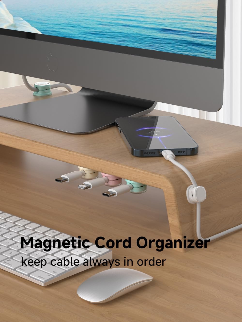 Magnetic Cable Clips, Adjustable Cord Holder Management, Adhesive Wire Keeper Organizer for Home Office Desk Phone PC Car Wall Desktop Nightstand Appliance (9-PCS White_Purple_Cyan_Apricot)