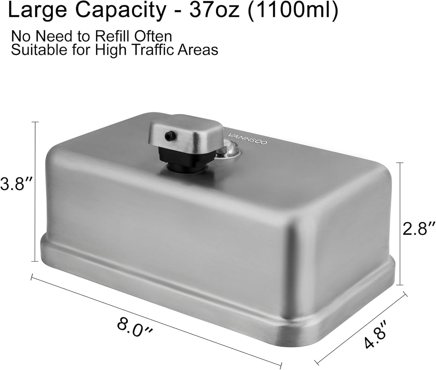 Wall Mounted Hand Soap Dispenser Bathroom, 1100ml 37oz Commercial Stainless Steel Liquid Soap Dispenser Wall Mount (Horizontal Brushed)