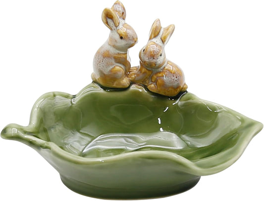 Rabbit Ceramic Soap Dish, Decorative Bunny Soap Plate, Sponge Holder,Key Bowl & Jewelry Tray, Green - Bathroom, Kitchen, Counter Organizer (1 Pack)