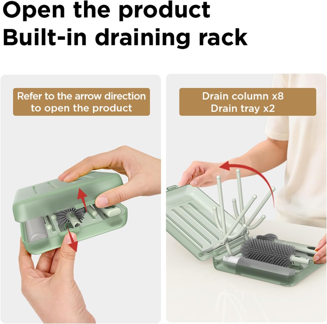 YOTIME Travel Bottle Brush Set, Auto-Open Rack & Vertical Brushs Drying Slots, 3 Brushes, Foldable Drying Rack, Dispenser, Travel Baby Essentials for On-The-Go Parents, Green