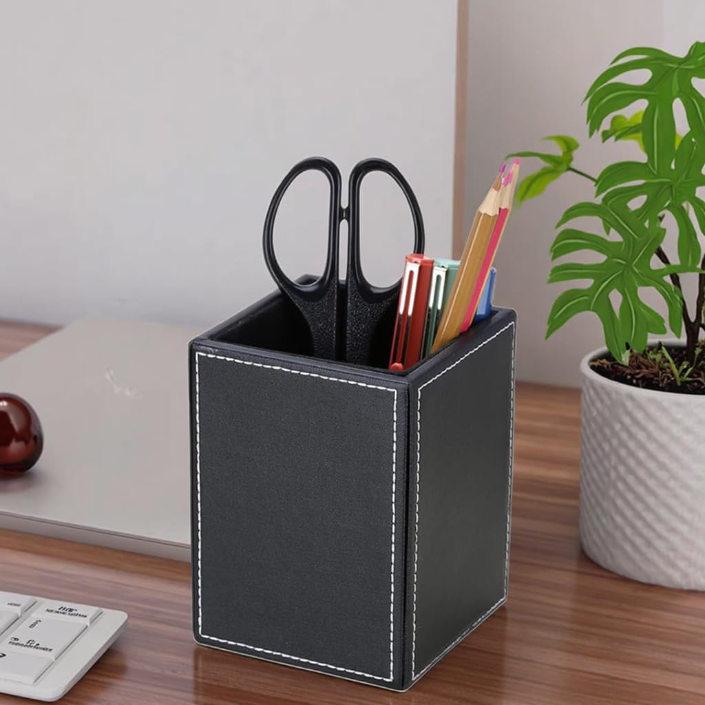 KINGFOM PU Leather Square Pens Pencils Holder Cup Desktop Stationery Organizer Case Office Accessories Container Box (black)