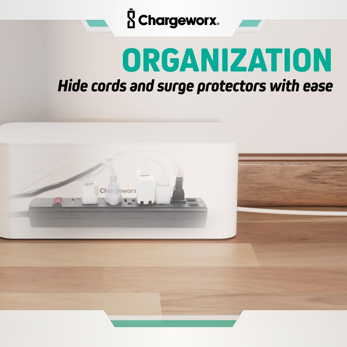 ChargeWorx Cable-Management Box Set, Cord Organizer, Cable Box to Hide Surge Protectors and Power Strips, Desk and Floor Cord Management, Home Office and TV Wire Concealer, White