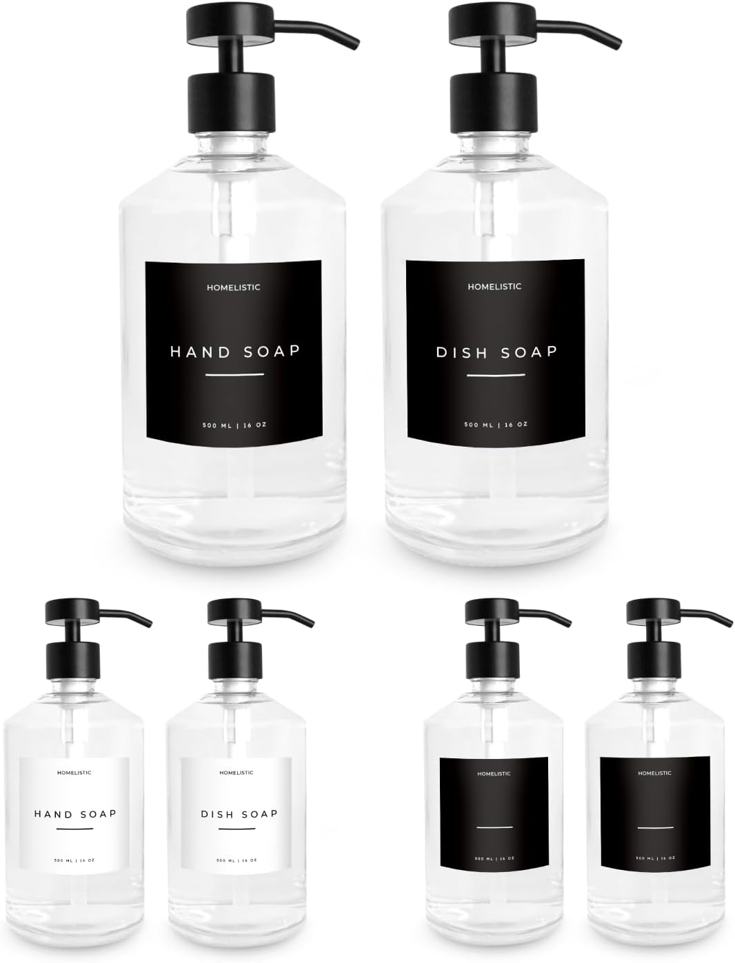 Luxury Glass Soap Dispenser Set of 2 - Elegant Clear Glass Bottles with Matte Black Stainless Steel Pumps, Kitchen Soap and Bathroom Hand Soap Dispenser, Perfect Pump All Homes.