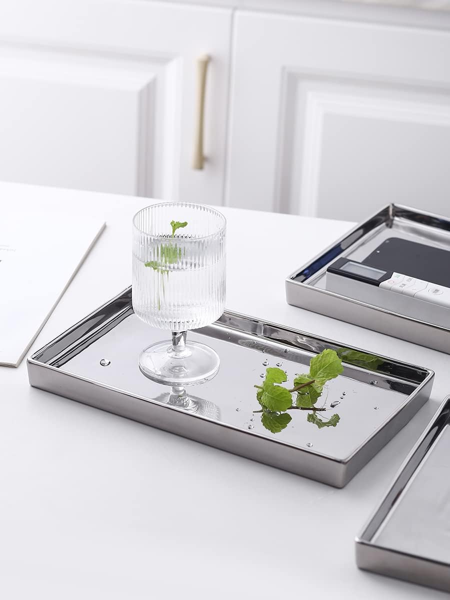 Jewelry Holder Ceramic Trinket Tray Rectangte Vanity Makeup Mirror Tray Silvery Small