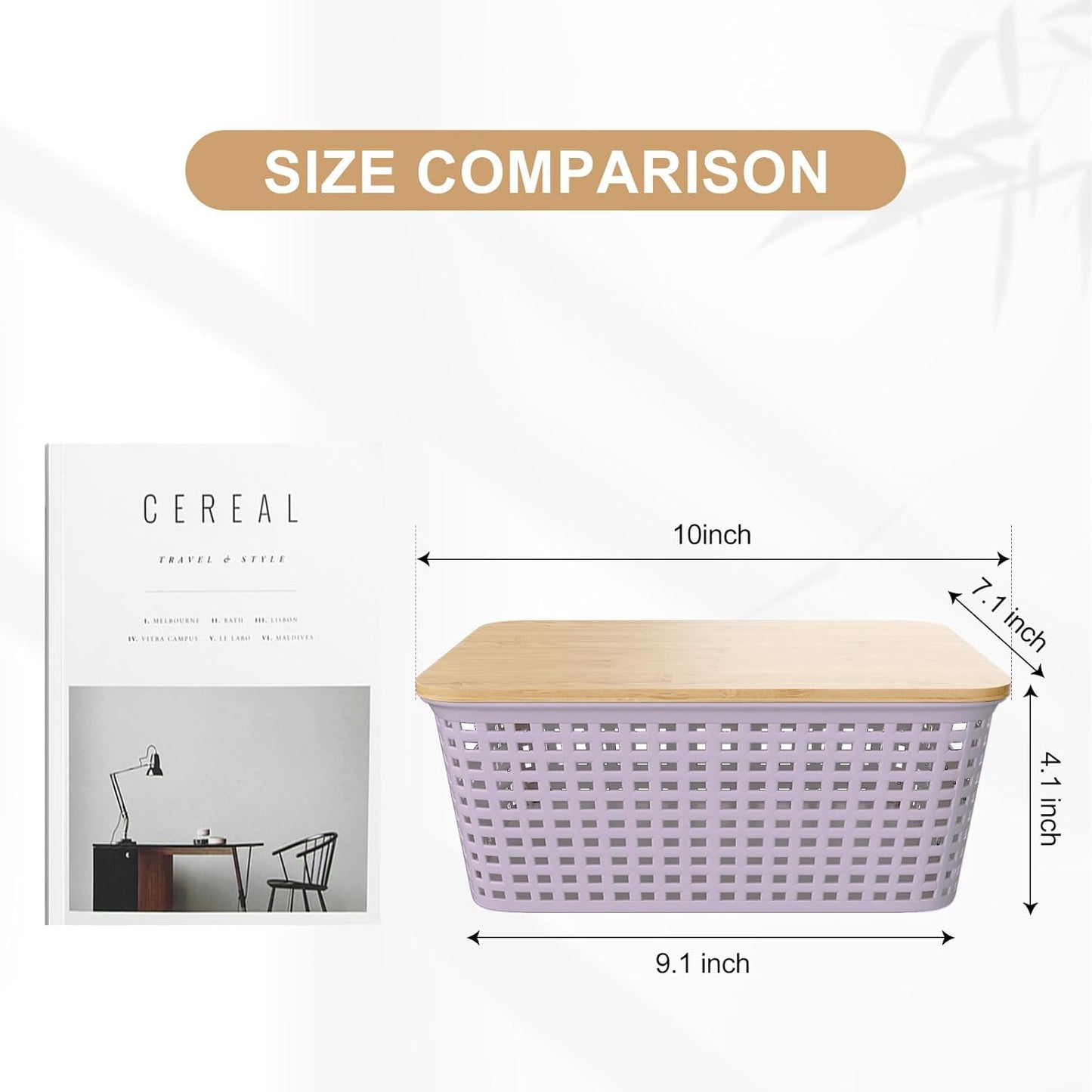 Small Storage Bins with Bamboo Lid, Plastic Storage Box with Lid, 5QT Stackable Organizing Basket with Lable,Storage Container for Classroom, Office, Closet, Shelf Organization, 10x7x4 In-Purple-6 Pcs