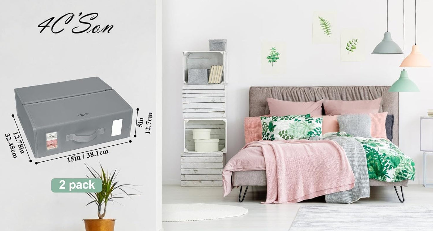 4C'Son Foldable DOUBLE ZIPPERS Bed Sheet Organizer, Fabric Storage Bins for Bed Sheets, Linen Bedding Organizer for Closet with Window and EXTRA STURDY handle (2 PACK - GRAY)