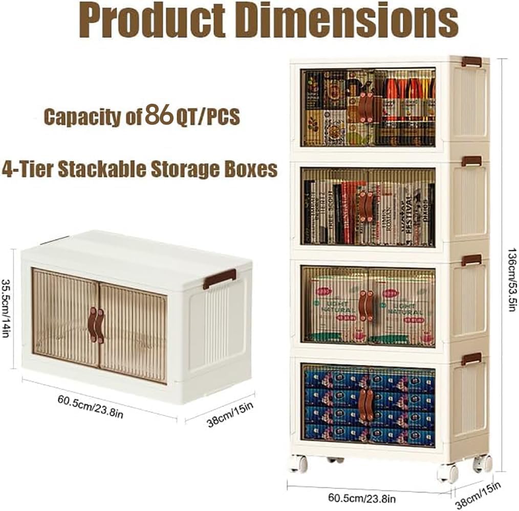 4-Tier Stackable Storage Bins with Lids & Open Front Design, Foldable Storage Bins with Wheels for Home Organization, Collapsible Space Saving Multi-Layer Storage Organizer, 86QT