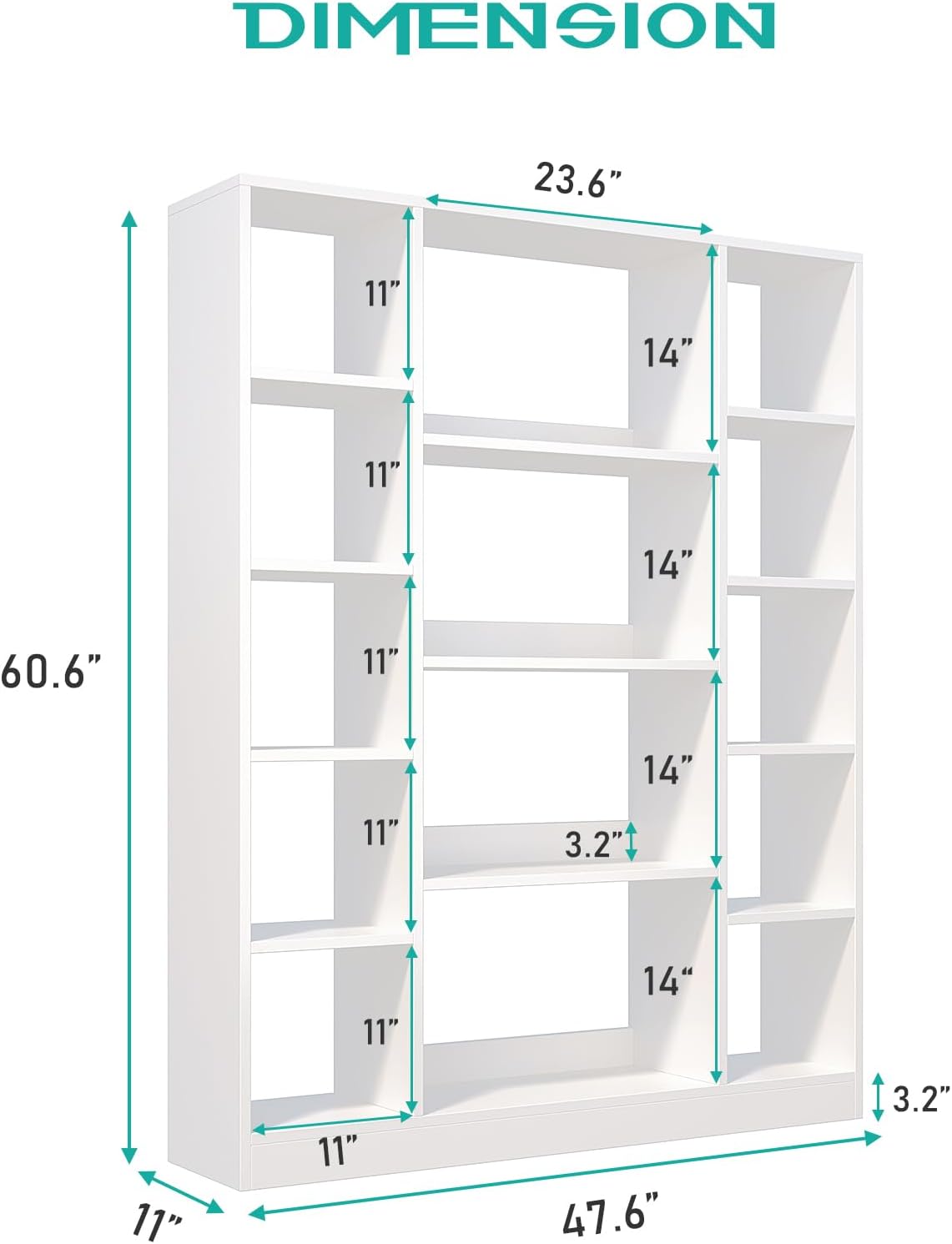 Cube Storage Bookcase with Base - Large Wooden Bookshelf with 10 Open Cubes and 4 Shelves for Home and Office, Freestanding Organizer, White