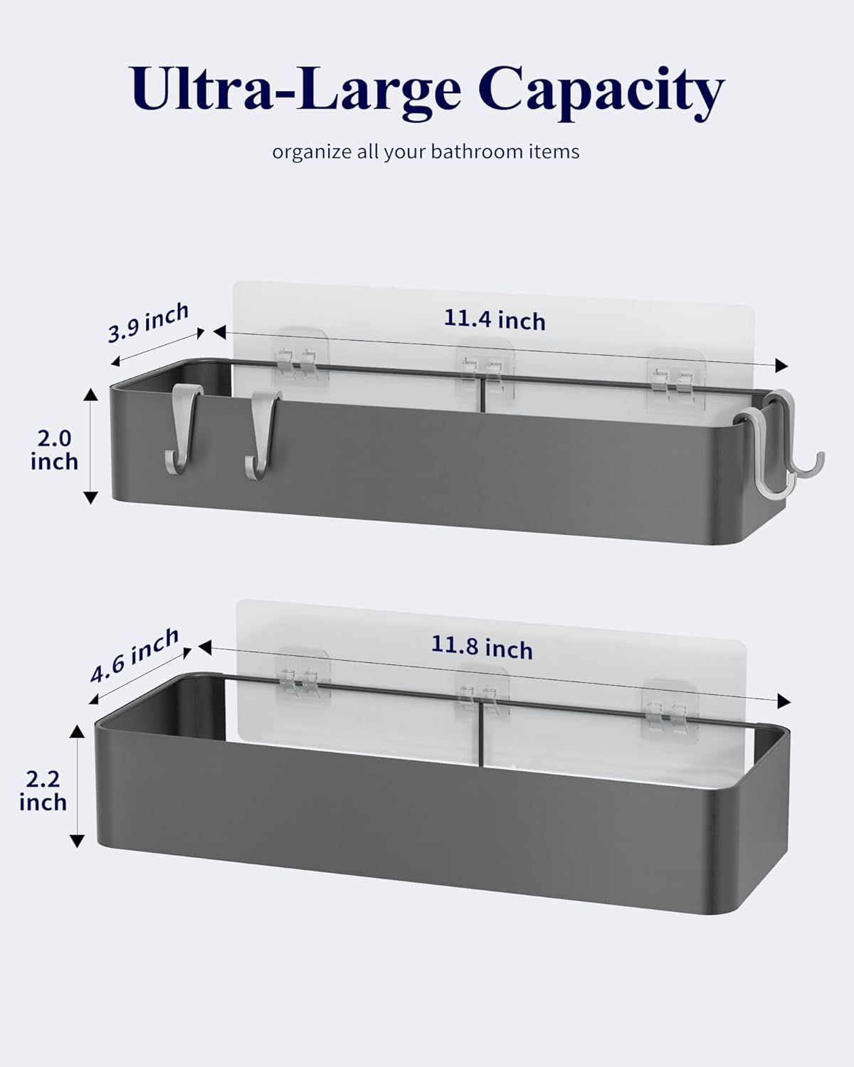 Kitsure Shower Caddy - 2 Pack Adhesive Shower Organizer, Rustproof Metal Shelves, No-Drill Bathroom Organizers and Storage, Grey, Large
