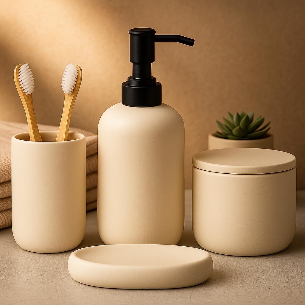 Ceramic Bathroom Accessories Set 4 Pcs – Modern Scandinavian Neutral Bathroom Soap Dispenser Set with Toothbrush Holder, Soap Dish & Cup – Minimalist Bathroom Accessory Set Decor - Cream/Light Beige