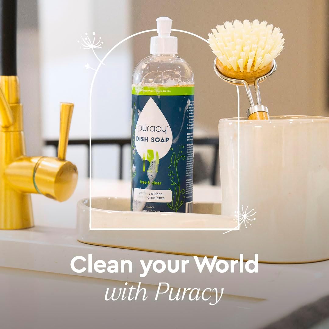 Puracy Natural Dish Soap Refill - Skin-Softening Plant-Based Liquid Dishwashing Detergent Soap, Clean-Rinsing Water-Sheeting Formula (Free & Clear, 48 fl oz)