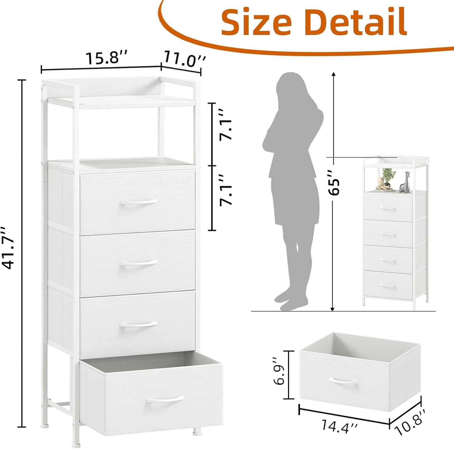 Somdot White Nightstand with 4 Drawers, Vertical Storage Tower Fabric Dresser for Bedroom, Nightstand Bedside Table Furniture, Sturdy Steel Frame, Wooden Top & Easy Pull Fabric Bins