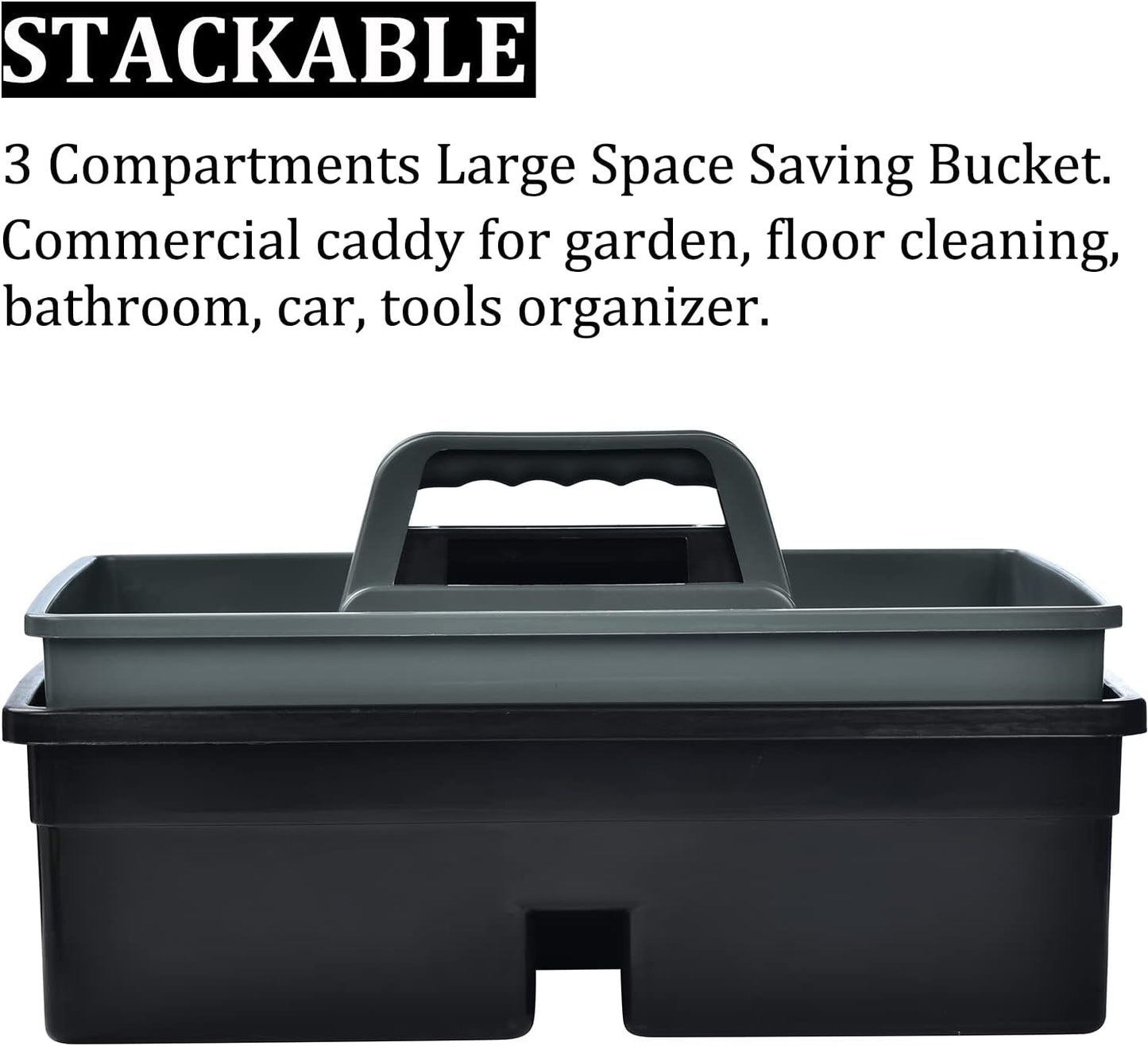 3-Compartment Plastic Cleaning Caddy Basket – Stackable Large Commercial Quality Plastic Tool Organizer Bucket with Handle, Black