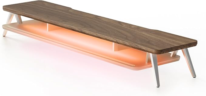 Fenge Dual Monitor Stand, 2 Tiers Acrylic Monitor Riser with LED Lights, 42.5 Inch Wood and Aluminum Desk Shelf with Phone and Tablet Holder