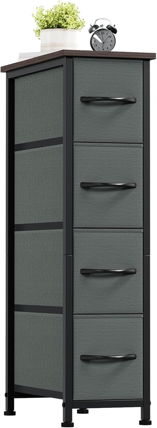 Somdot Narrow Dresser with 4 Drawers, Slim Storage Organizer Chest of Drawers with Removable Fabric Drawers for Small Spaces Bathroom Closet Bedroom Laundry, Charcoal Grey