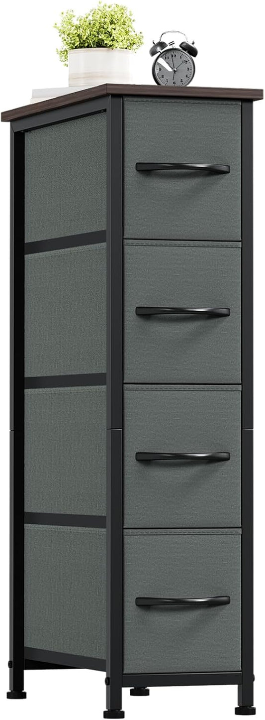 Somdot Narrow Dresser with 4 Drawers, Slim Storage Organizer Chest of Drawers with Removable Fabric Drawers for Small Spaces Bathroom Closet Bedroom Laundry, Charcoal Grey