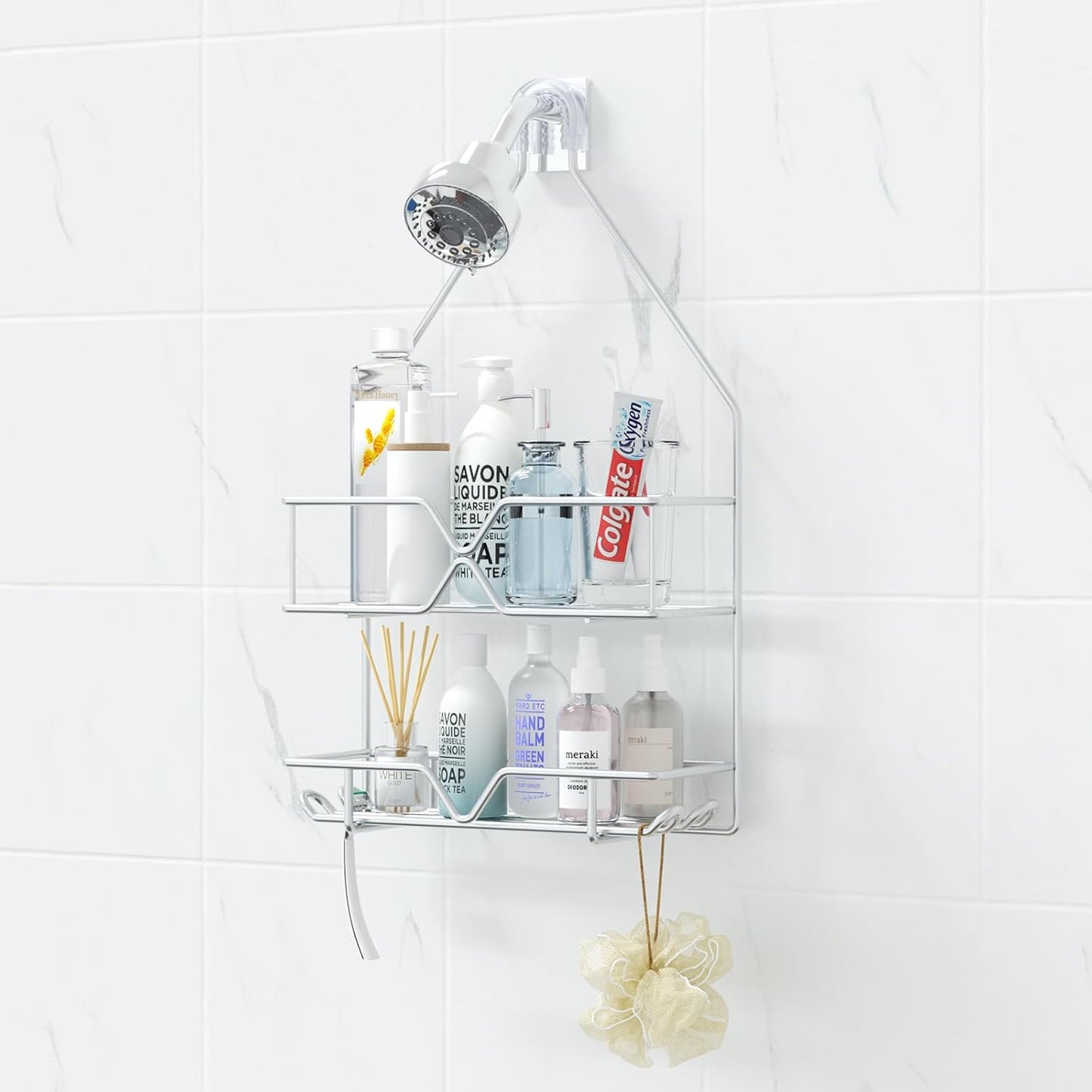 TreeLen Rustproof Shower Caddy, Hanging, Stainless Steel, 4 Hooks, 2 Shelves, Non-Slip
